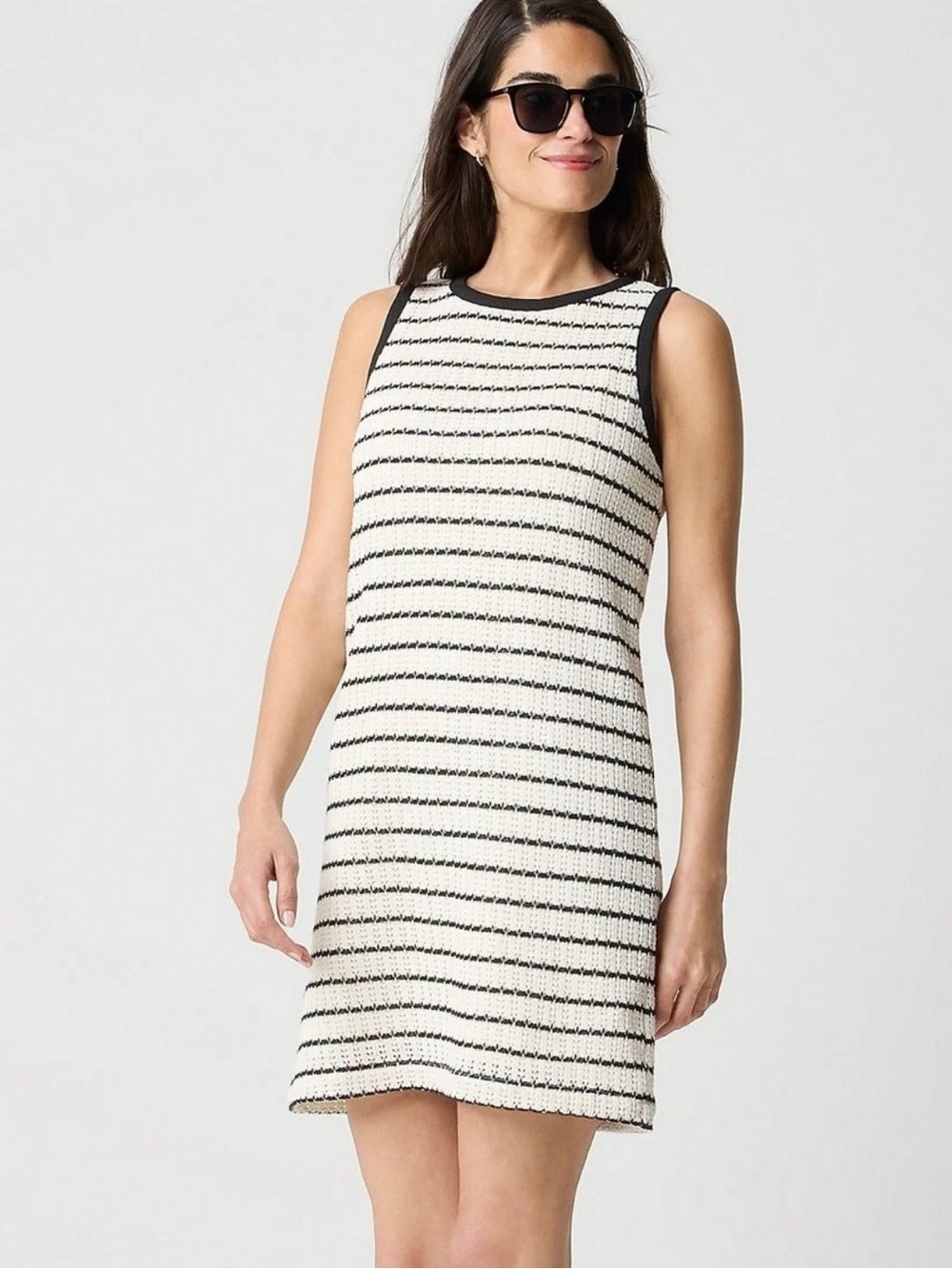 J.Crew Striped Textured Knit Shift Dress Sleeveless Large Black Ivory Preppy
